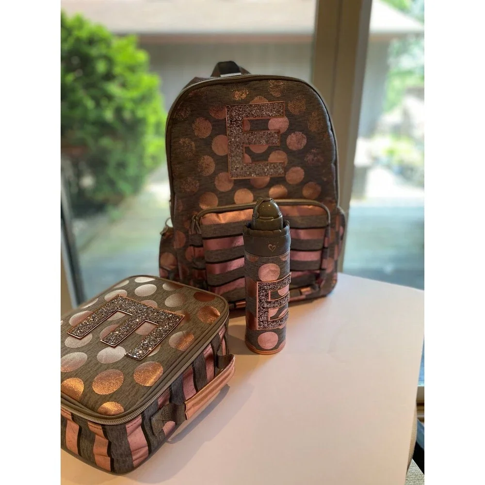3 Piece Backpack Set: Bag, lunch box & bottle initial“E” Justice full- size
